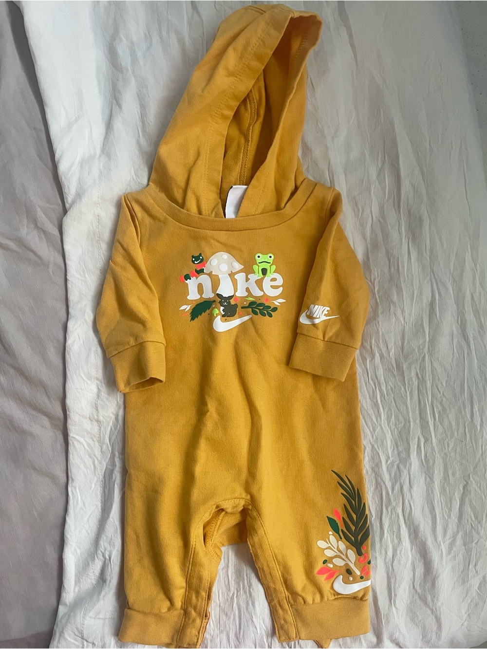 Nike Yellow Hooded Baby One-Piece Romper with Nature Graphics